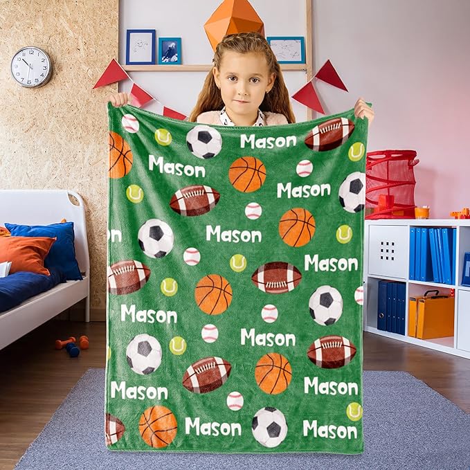 Personalized Ball Blanket with Name for Boys, Custom Name Blanket for Teen Ball, Soft Flannel Customized Gift for Birthday 50"x60"
