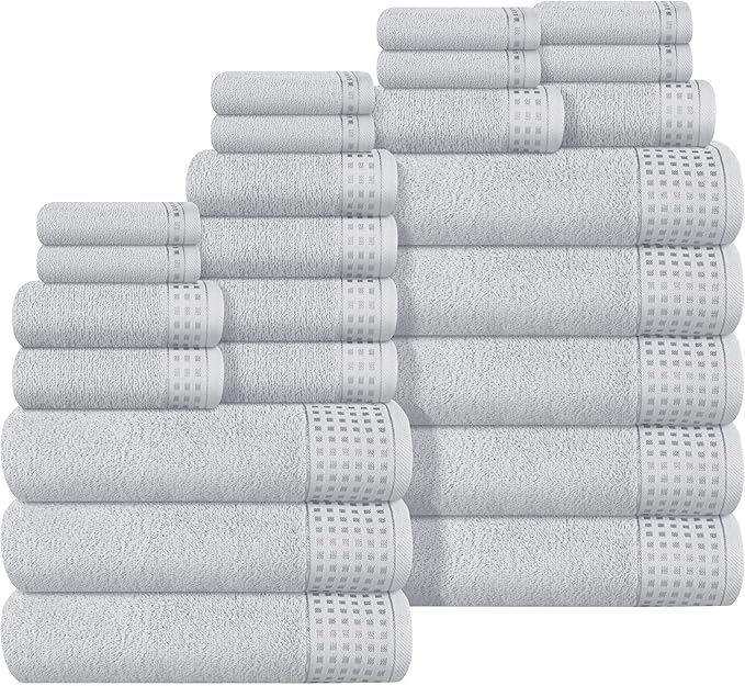 GLAMBURG Towels for Bathroom, 100% Cotton Towel Set, Contains 8 Soft Bath Towel, 8 Hand Towels, 8 Wash Cloths - Compact Absorbent Lightweight & Quickdry - 24 Piece Bathroom Towel Set - Light Grey