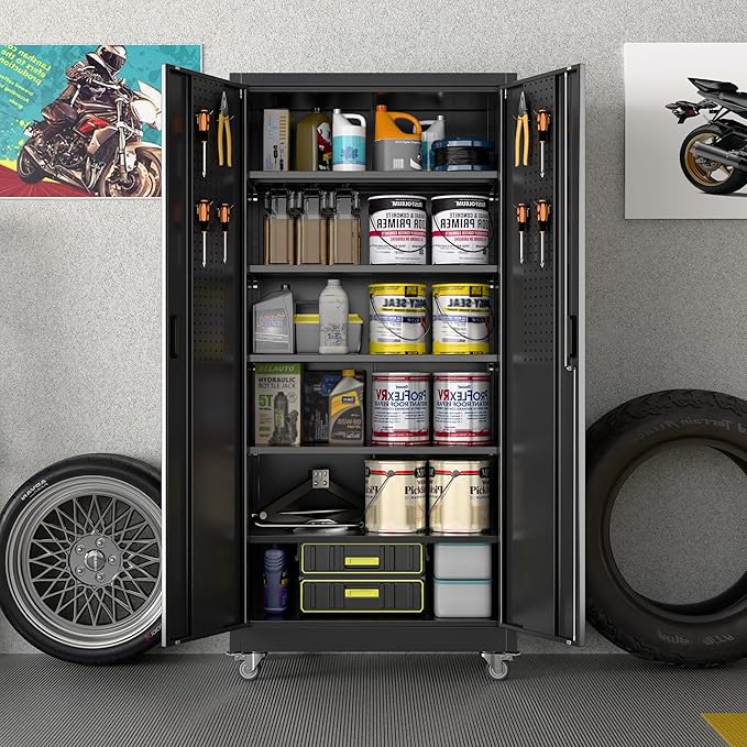 Garage Storage Cabinet with Wheels, Metal Storage Cabinet with 5 Adjustable Shelves and Pegboard for Garage Home Utility Room,Required Assembly,Black，71" H×34" W×18" D