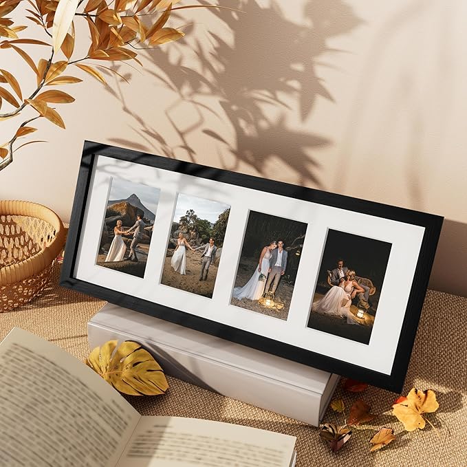 Vittanly 8x20 Collage Picture Frame, Displays 4Pcs 4x6 Pictures with Mat or 1Pcs 8x20 without Mat, Picture Frames Collage Wall Decor for Horizontal or Vertical Display, Black, 1 Pack
