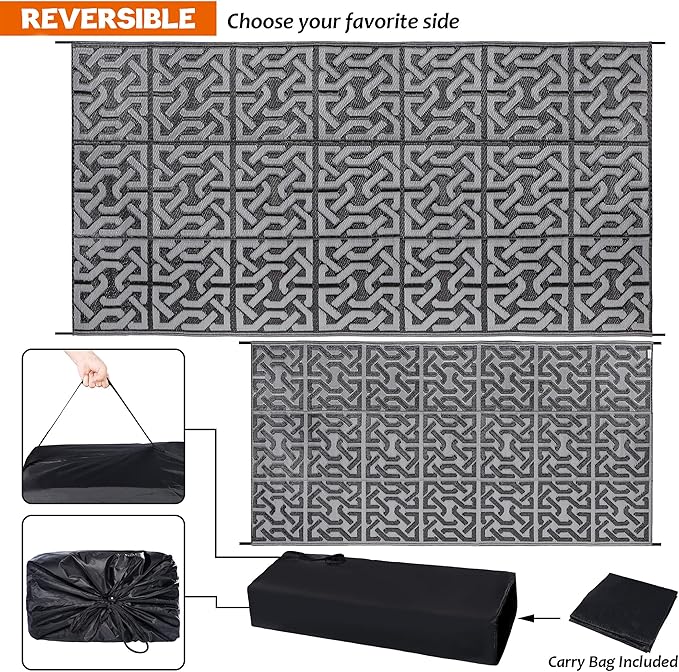 SAND MINE Reversible Mats, Plastic Straw Rug, Modern Area Rug, Large Floor Mat Rug for Outdoors, RV, Patio, Backyard, Deck, Picnic, Beach, Trailer, Camping (9' x 18', Black & Grey)