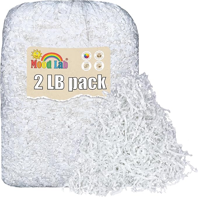 Mood Lab Crinkle Cut Paper Shred Filler - 2 LB White - Shredded Cut Paper for Basket Filling - Gift Box Kraft Wrapping Paper