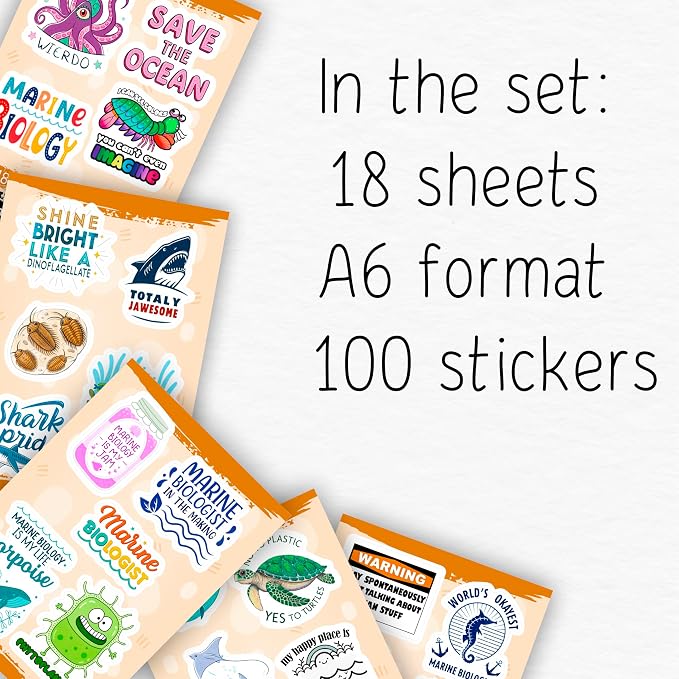 100Pcs Marine Biology Stickers for Scrapbooking, for Luggage, for Water Bottle - Marine Biology Party Supplies & Decorations - Ocean Life Stickers and Decals - Gifts for Women & Men