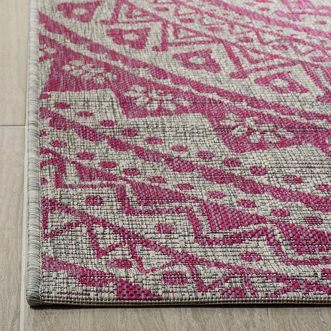 SAFAVIEH Washable Rug Outdoor Courtyard Collection - 5'3" x 7'7", Light Grey & Fuchsia Pink Purple, Non-Shedding & Easy Cleaning, Ideal for Patio, Backyard, Mudroom (CY8734-39712)