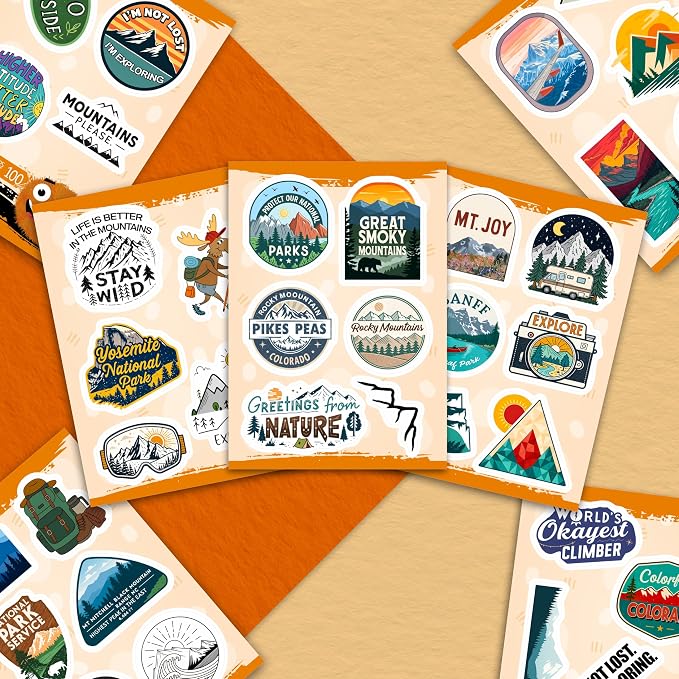 100Pcs Mountain Stickers for Scrapbooking, for Water Bottle, Laptop - Mountain Gifts & Party Decorations - Adventure, Camping Stickers, Nature Decals - Gift for Women & Men