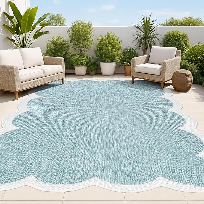 JONATHAN Y Cottage Two-Tone Scalloped Indoor Outdoor Area Rug 5X8 Turquoise/Cream, Alice Classic for Backyard, Patio, Porch, Easy-Cleaning, High Traffic, Pet-Friendly, Non-Shedding (SHP103D-5)