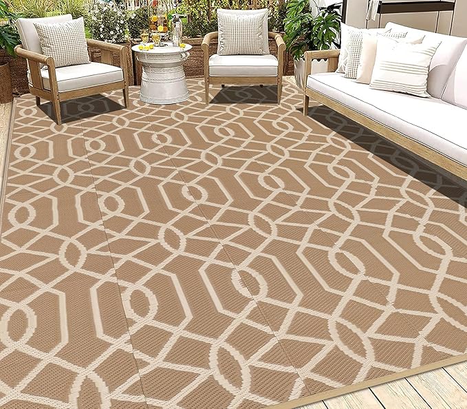 HEBE Outdoor Rug Waterproof 8x10, Reversible Plastic Straw Rug RV Camping Rug, Indoor Outdoor Patio Mat Clearance, Outside Carpet for Porch,Deck,Camper,Balcony,Backyard,Picnic