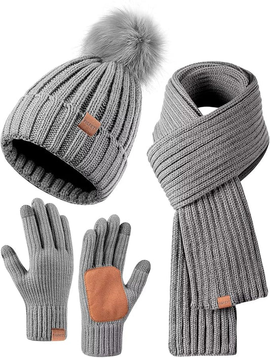 Winter Beanie Hat Scarf Gloves Set for Women, Womens Beanie with Pom Pom Long Scarf Neck Warmer Touchscreen Gloves 3 in 1 Set