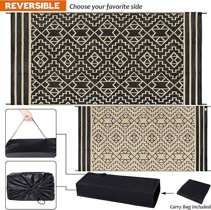 SAND MINE Reversible Mats, Plastic Straw Rug, Modern Area Rug, Large Floor Mat and Rug for Outdoors, RV, Patio, Backyard, Deck, Picnic, Beach, Trailer, Camping (9' x 18', Black & Beige)