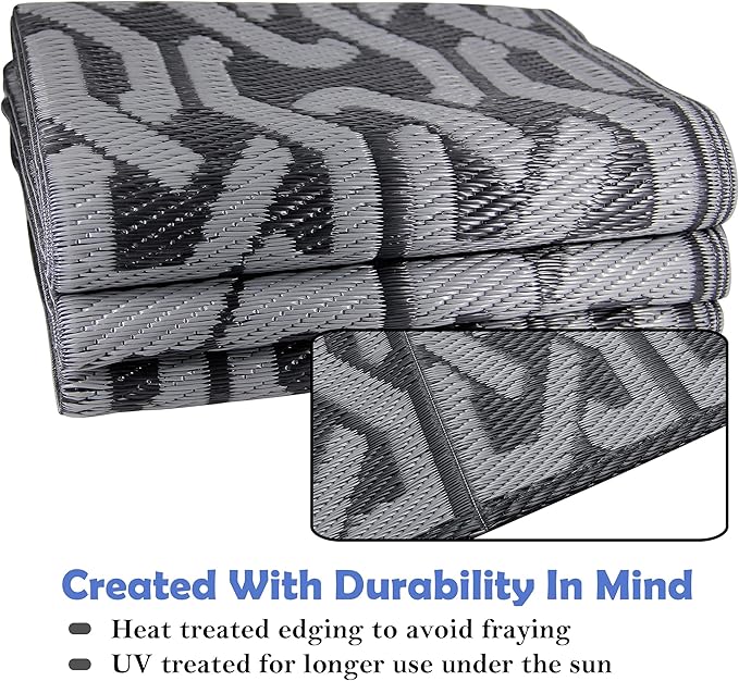 SAND MINE Reversible Mats, Plastic Straw Rug, Modern Area Rug, Large Floor Mat and Rug for Outdoors, RV, Patio, Backyard, Deck, Picnic, Beach, Trailer, Camping (5' x 8', Black & Grey)