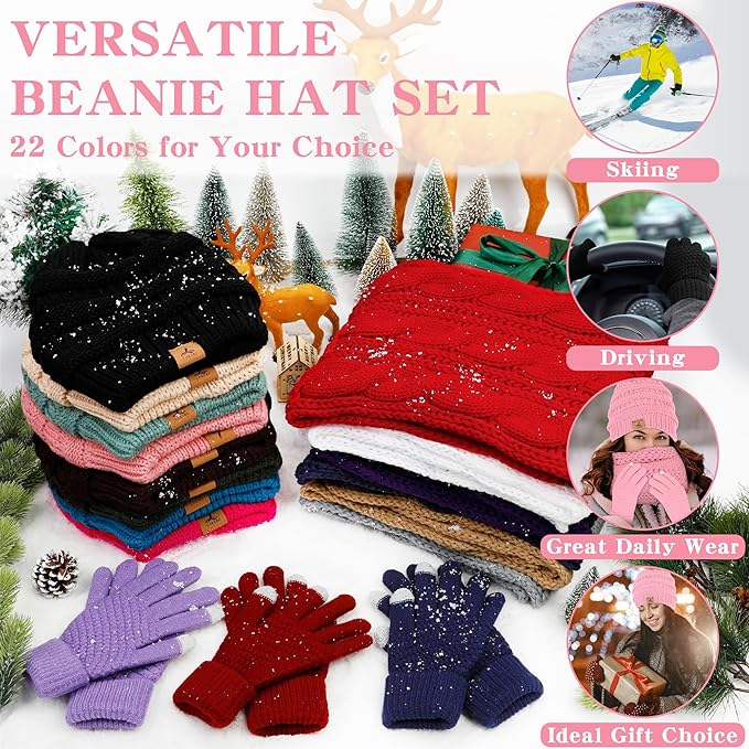 Winter Beanie Hat Scarf Gloves, Warm Fleece Knit Hats Touch Screen Gloves Neck Scarf Set Winter Gifts for Unisex Adult