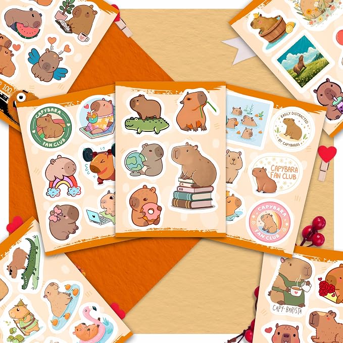 100Pcs Cute Capybara Stickers Waterproof, Vinyl, Small -Capybara Party Supplies & Decorations - Gift for Women & Men