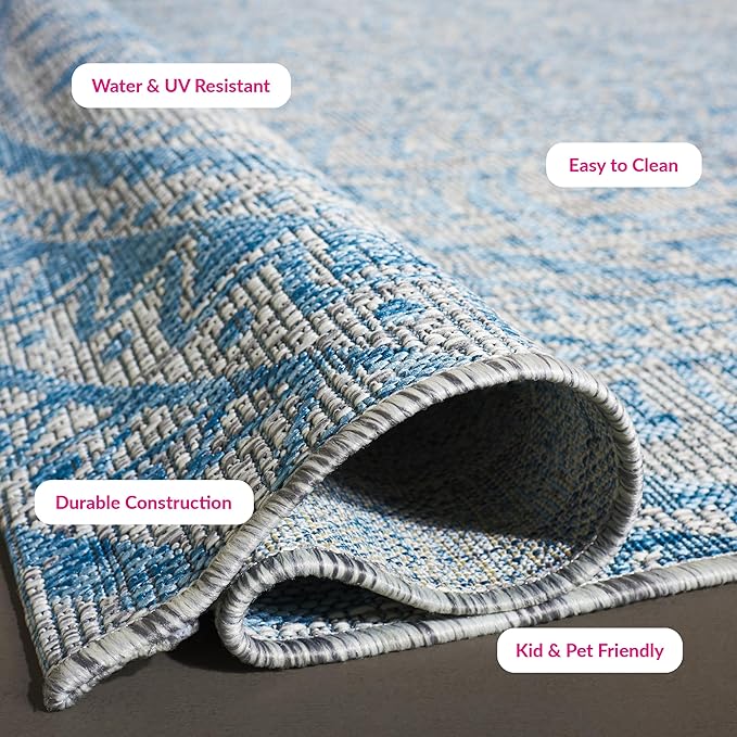 SAFAVIEH Courtyard Collection 8' x 11' Light Grey / Aqua CY8734 Indoor/ Outdoor Waterproof Easy Cleaning Patio Backyard Mudroom Area Rug