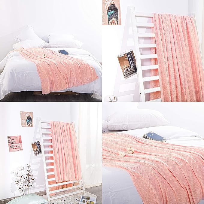 NTBAY Cable Knit Cooling Bed Blanket, Soft and Breathable Oversized Twin Bed Blanket 60x80 Inches Made from Rayon Derived from Bamboo for Bedroom, Travel, Pink