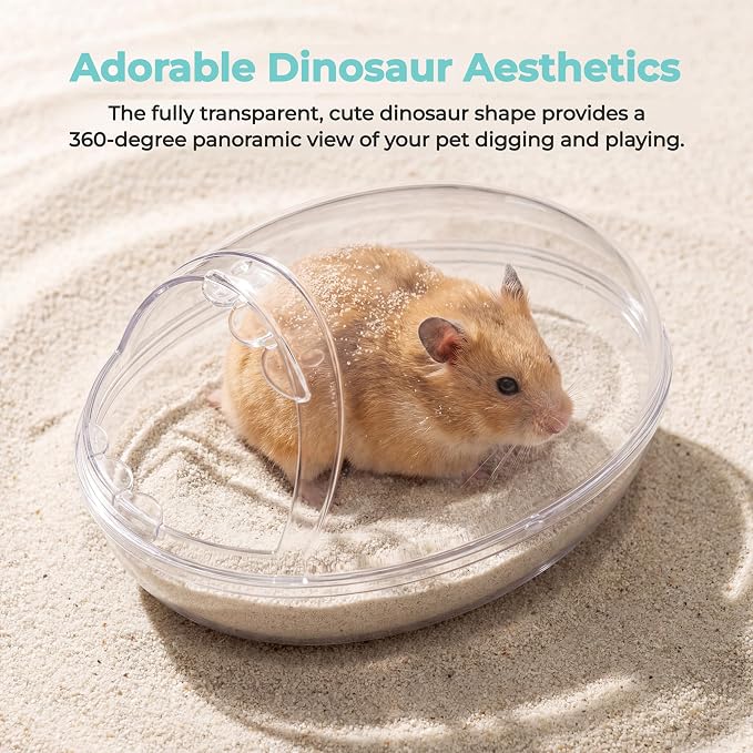 Clear Hamster Sand Bath, Dinosaur Sandbox Hideout with Scoop (L) | Anti-Scatter Sandbox, For Dwarf Hamsters Gerbils Mice, Hideout & Sand Bath Container
