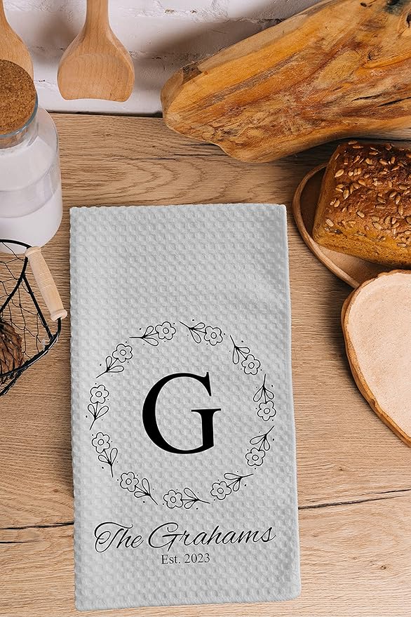 Personalized Kitchen Towel | Custom Tea Towel | Family Name Dish Towel | Kitchen Decor | Hand Towel | Housewarming Gift | Monogram Dishcloth (Wreath 9)