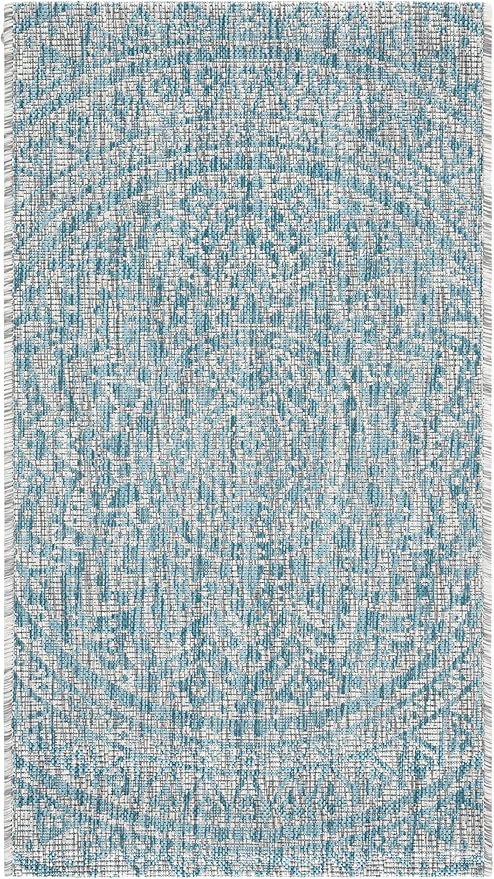 SAFAVIEH Washable Rug Outdoor Courtyard Collection - 2'3" x 5', Light Grey & Aqua Blue, Non-Shedding & Easy Cleaning, Ideal for Patio, Front Door, Entryway, Mudroom, Doormat (CY8734-37112)