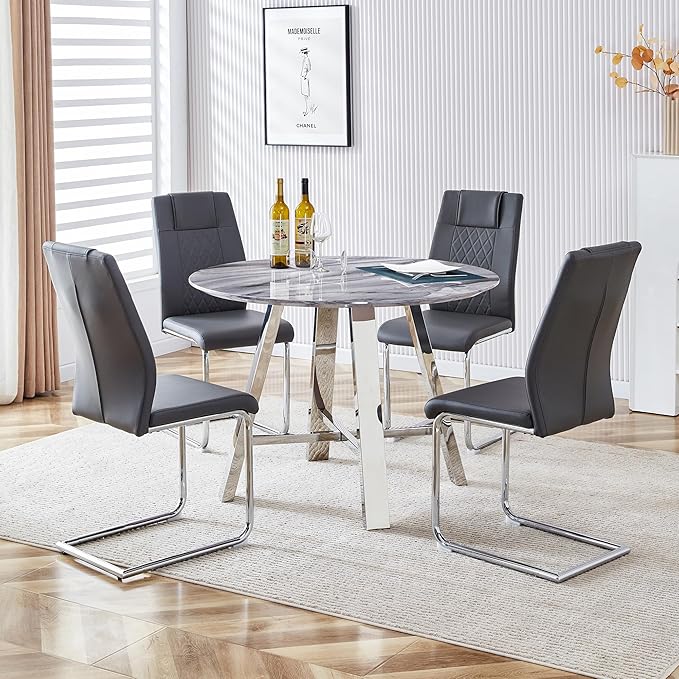 Round Dining Table Set for 4,Modern Faux Marble Table with 4 PU Leather Chairs,5 Piece Wood Dining Table Set for Small Space Kitchen, Dining Room, Office