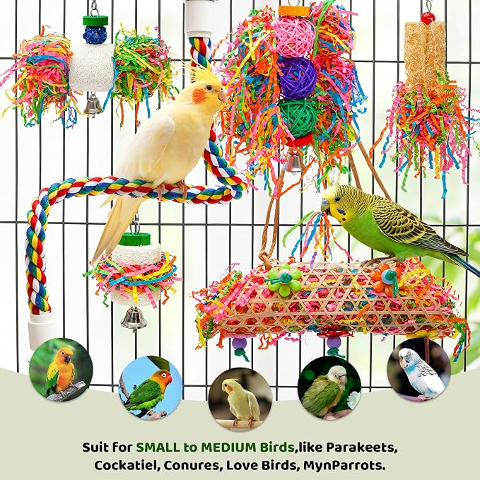 6PCS Bird Parrot Foraging Toys with Rope Perch Parakeet Chewing Hanging Toy Shredded Paper Cage Accessories for Small Parrots Parakeets Conures Cockatiels Love Birds Cage Toy