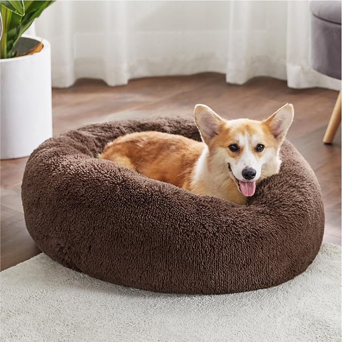 Bedsure Calming Dog Bed Medium Large Size Dogs Washable Pet Bed,33ins | Fluffy Faux Fur Round Donut Cuddler,Machine Washable,Anti-Slip Bottom,Anti-Anxiety,Deep Sleeping for Pets Up to 65 Lbs,Coffee