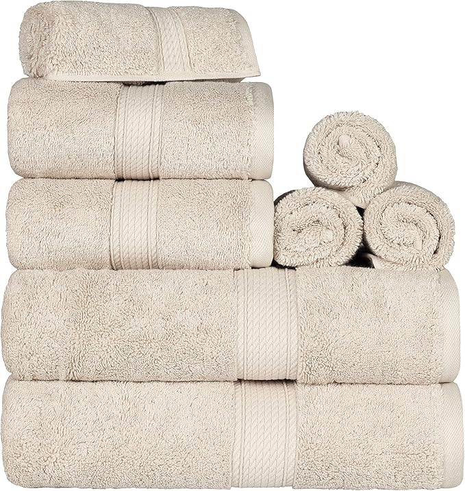 BLUENILEMILLS Madison Egyptian Cotton Towels, Towel Set for Bathroom, Shower, Hotel, Plush, 900 GSM, Highly Absorbent and Ultra-Soft Towels, Bath Essentials, 8 Piece Assorted Towel Set, Cream
