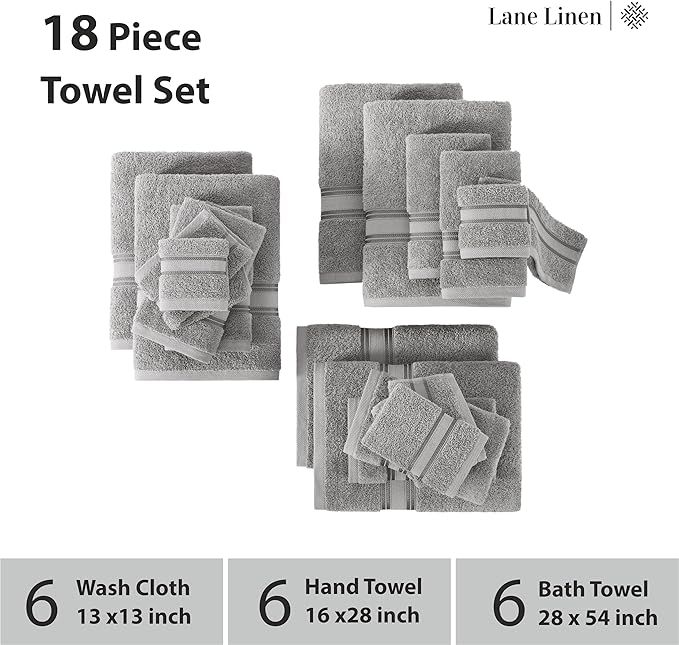 LANE LINEN 18 Pack Towels for Bathroom – 100% Ring-Spun Cotton, Zero Twist, 6 Bath, 6 Hand Towel & 6 Wash Cloths,Gentle on Body, Highly Absorbent, Remains Soft After Wash, Hotel & Spa Quality – Grey