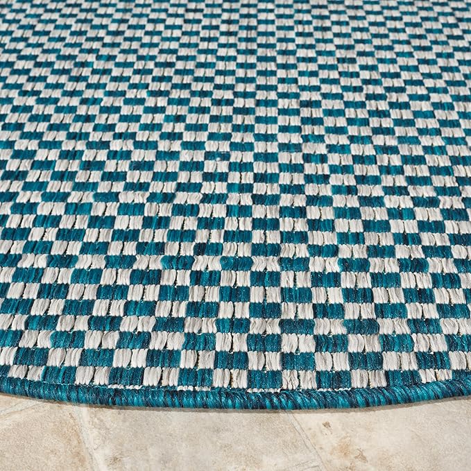 SAFAVIEH Courtyard Collection 4' Round Turquoise / Light Grey CY8653 Indoor-Outdoor Waterproof Easy-Cleaning Patio Backyard Mudroom Area-Rug
