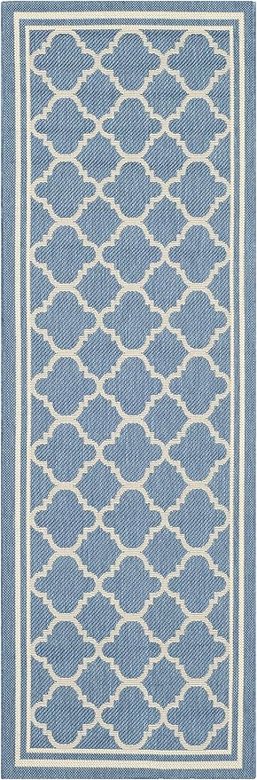 SAFAVIEH Washable Rug Outdoor Courtyard Collection - 2'3" x 22' Runner, Blue & Beige, Non-Shedding & Easy Cleaning, Ideal for Patio, Entryway, Mudroom, Hallway, Kitchen (CY6918-243)