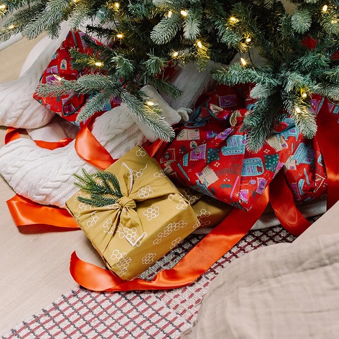 Bee's Wrap Furoshiki Reusable Cotton Fabric Wrapping Paper - Seasons Greetings Pack of 4 Gift Wraps - Gift Wrapping Supplies - Eco Friendly Alternative to Bags and Paper Rolls