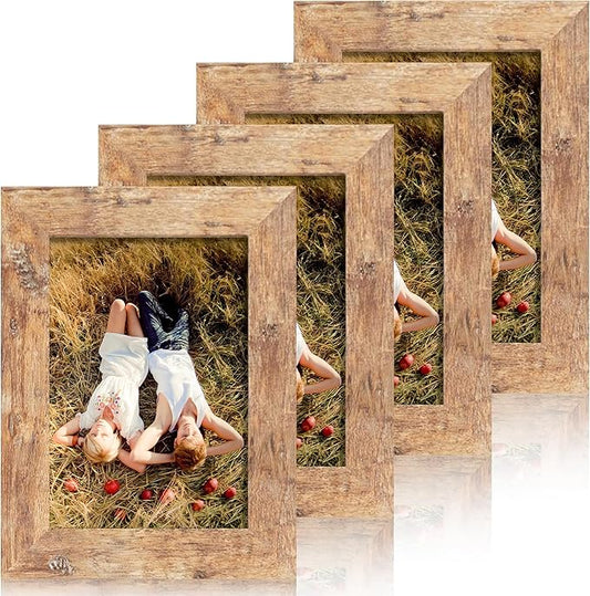 iRahmen 4x6 Picture Frame Set of 4, High Definition Real Glass Rustic Brown Frame, 4 x 6 Wood Photo Frames for Tabletop Display and Wall Mounting