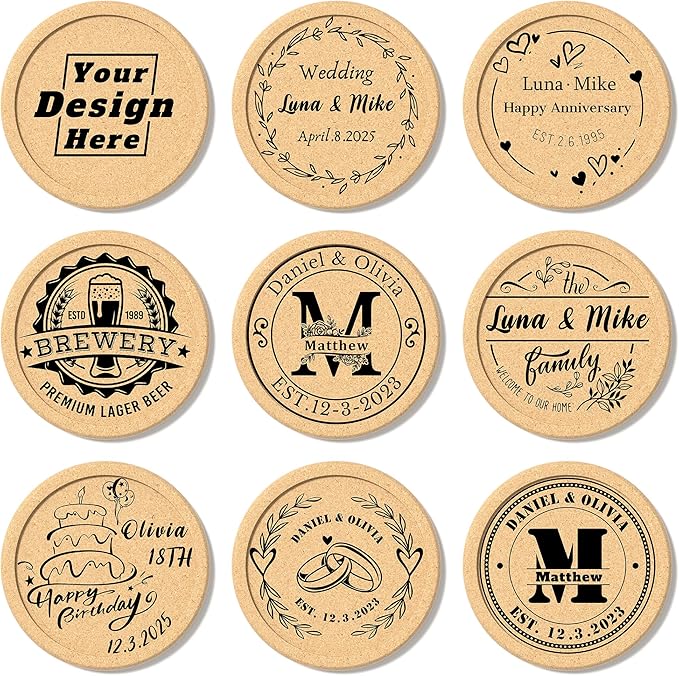 30 Custom Coasters, Personalized Cork Coaster Laser Engraved with Own Design Logo Text, Non-Slip Heat-Resistant Custom Cork Coaster for Wedding, Anniversary, Family Reunion Gifts (Lip Round)