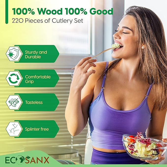Bamboo Cutlery Set - Wooden Utensils for Eating - Disposable Wooden Cutlery set of 220 (80 Forks 70 Spoons 40 Knives 30 Straws) Bamboo Disposable Utensils - ECO Friendly Compostable Utensil for Party