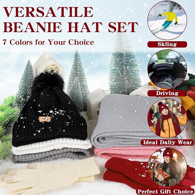 LOROME Women Winter Beanie Hat Scarf Gloves Set, Fleece Knitted Pompom Hat Warm Neck Scarf Touchscreen Gloves Winter Gift