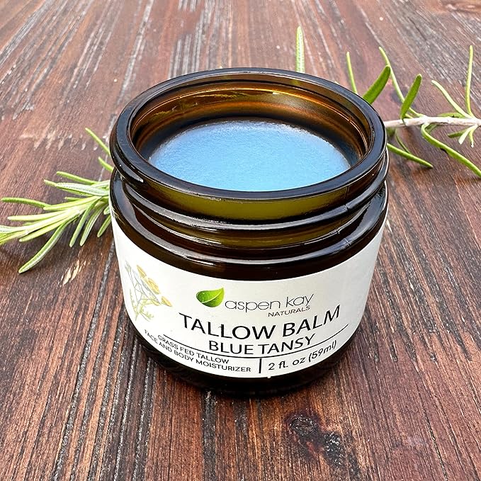 Aspen Kay Naturals Handmade 100% Grass Fed Beef Tallow Balm for Skin Care, With Organic Jojoba Oil + Chamomile (Blue Tansy) Organic Body Butter - 2 fl. oz. Made in USA