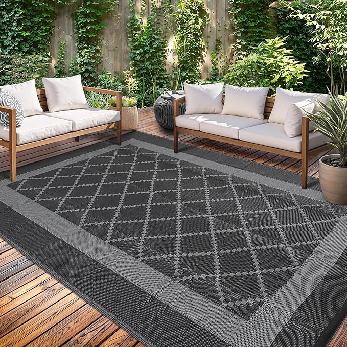 Outdoor Patio Rug 9x18 Waterproof Plastic Reversible Rug Modern UV Resistant Foldable Camping Mat Contemporary Geometric Outdoor Floor Mat for RV Backyard Deck Black/Grey