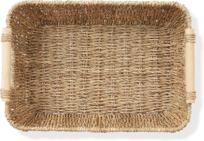 Casafield Set of 2 Seagrass Oval Storage Baskets with Wooden Handles - Medium, Woven Bin Organizers