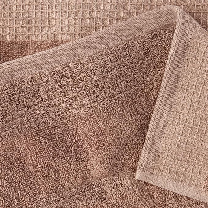 Amazon Basics Organic Cotton Waffle Kitchen Dish Towels - Ultra Absorbent, Quick Drying, Lint-Free, 15 x 25 inches, 6-Pack (2pc Olive Light/Brown Strip, 2pc Brown, 1pc Olive, 1pc White)