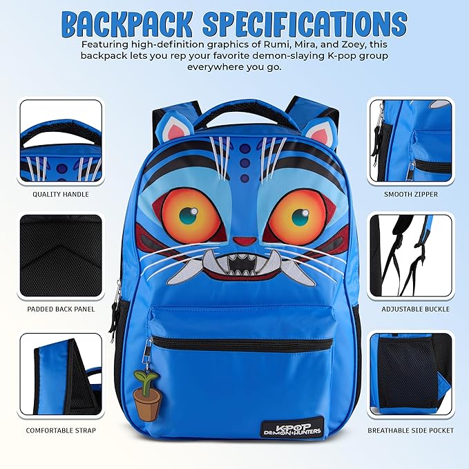 AI ACCESSORY INNOVATIONS K-Pop Demon Hunters 16” Backpack for Girls, Featuring a Big Face Derpy with 3D Ears and Embroidery, Rubber Molded Bag Charm, Derpy