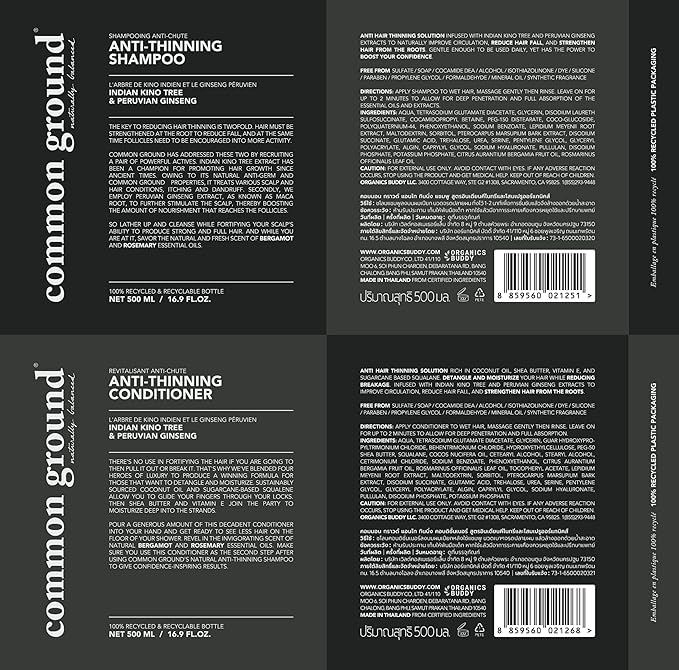Common Ground Natural Anti Thinning Shampoo and Conditioner Set, Sulphate, Paraben & Cruelty Free, Vegan, Plant-Based, Bergamot, Rosemary Scent, Kino Tree & Ginseng DHT, All Hair, Men & Women