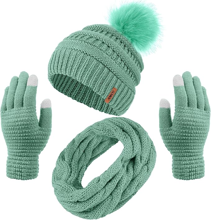 Aneco Womens Winter Warm Sets Knitted Fur Pompoms Beanie Hat Circle Loop Scarf Touch Screen Gloves Winter Favor Accessories
