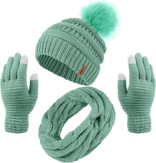 Aneco Womens Winter Warm Sets Knitted Fur Pompoms Beanie Hat Circle Loop Scarf Touch Screen Gloves Winter Favor Accessories