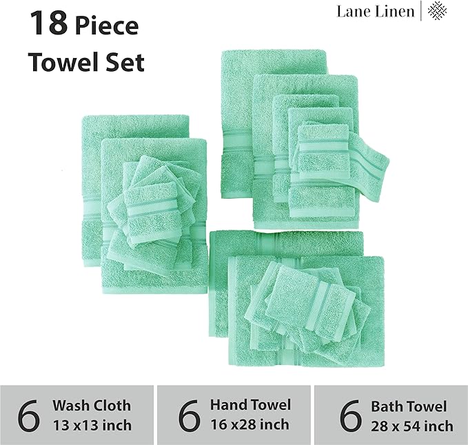 LANE LINEN 18Piece Bathroom Towels – Luxurious 100% Ring Spun Cotton, Zero Twist, Includes 6 Bath, 6 Hand & 6 Washcloths, Quick-Dry, Lightweight, Everyday Essential, Machine Washable – Aqua Sky