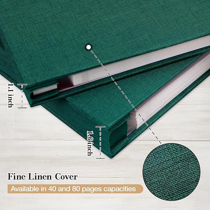 potricher 11x10.6 Inch Self Adhesive Photo Album Linen Cover 80 Pages Sticky 3x5 4x6 5x7 6x8 8x10 8.5x11 Magnetic DIY Scrapbook Photo Album with A Metallic Pen (Dark Green)