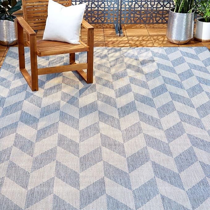 Nicole Miller New York Patio Country Calla Contemporary Herringbone Indoor/Outdoor Area Rug, Blue/Grey, 6'6"x9'2"