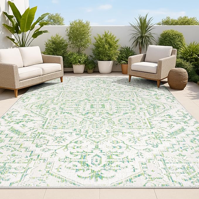 JONATHAN Y Boho Medallion Indoor Outdoor Area Rug 5X8 Green/Cream, Estrella Textured Weave for Backyard, Patio, Porch, Easy-Cleaning, High Traffic, Pet-Friendly, Non-Shedding (SMB105G-5)