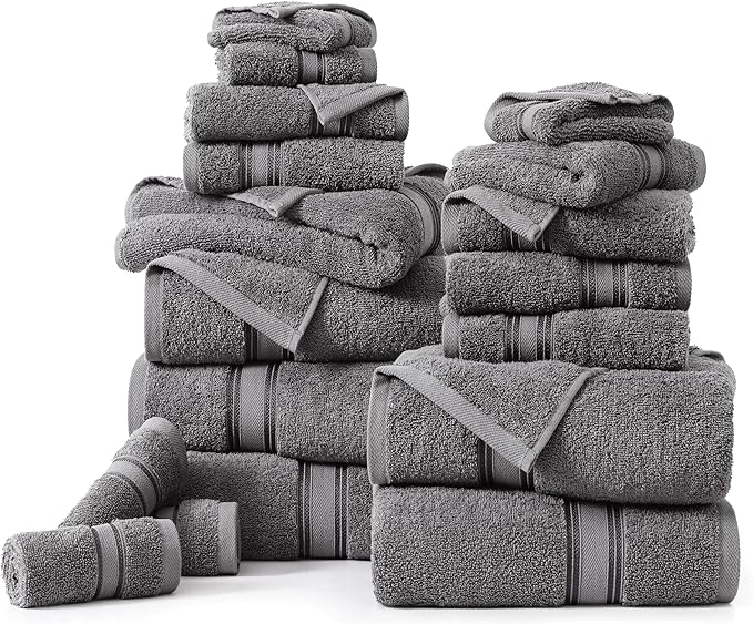 LANE LINEN 100% Ring-Spun Cotton Bath Towels Set of 18 – Zero Twist, 6 Bath, 6 Hand Towel & 6 Washcloths, Soft, Ideal for Spa Hotel & Home, Gentle on Body, Durable After Multiple Washes – Cool Grey