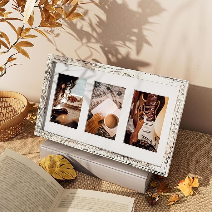 Vittanly 8x14 Picture Frames Collage Wall Decor, Displays 3Pcs 4x6 Pictures with Mat or 1Pcs 8x14 without Mat, Collage Picture Frame for Horizontal or Vertical Display, Distressed White, 1 Pack
