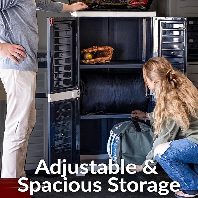 Sunnydaze 48" H Resin Garage Storage Cabinet - Garage Cabinet with Lockable Doors and 3 Adjustable Shelves - Freestanding Utility Storage for Laundry Room, Office, Basement - Charcoal