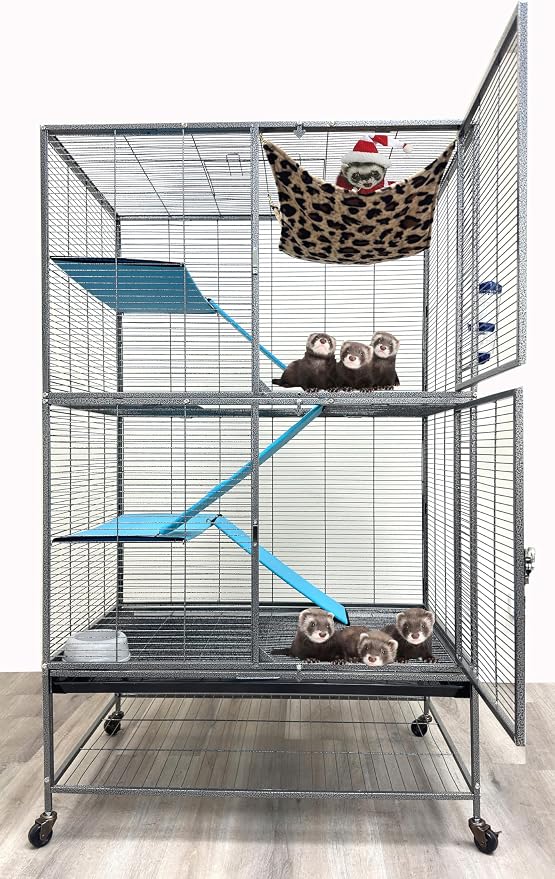 XX-Large 37"x24"x63"H Two Full Story Deluxe Double Unit Critter Cage Extra Large Double Large Front Doors Tight 1/2-inch Wire Spacing for Feisty Ferret Hammock Chinchilla Cat Sugar Glider On Wheels