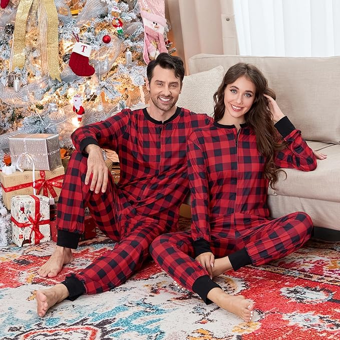Matching Family Christmas Onesie Pajamas, Buffalo Plaid One-Piece Sleepwear Holiday Loungewear w Zipper